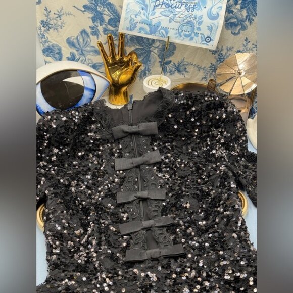 🆕 REBECCA VALLANCE 🧿 NWOT x Nicky Hilton Diana Black Bow Sequin Mini, Sz US 2 - Picture 13 of 16